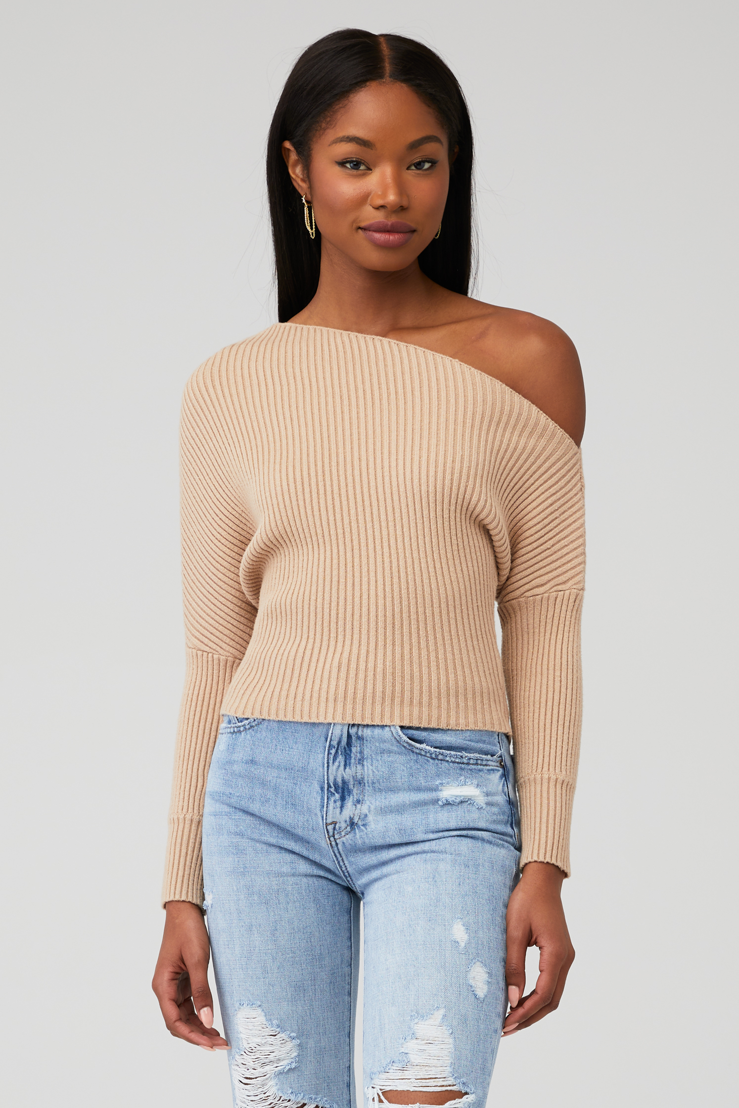 Line & Dot | Blair Off Shoulder Sweater in Sand| FashionPass