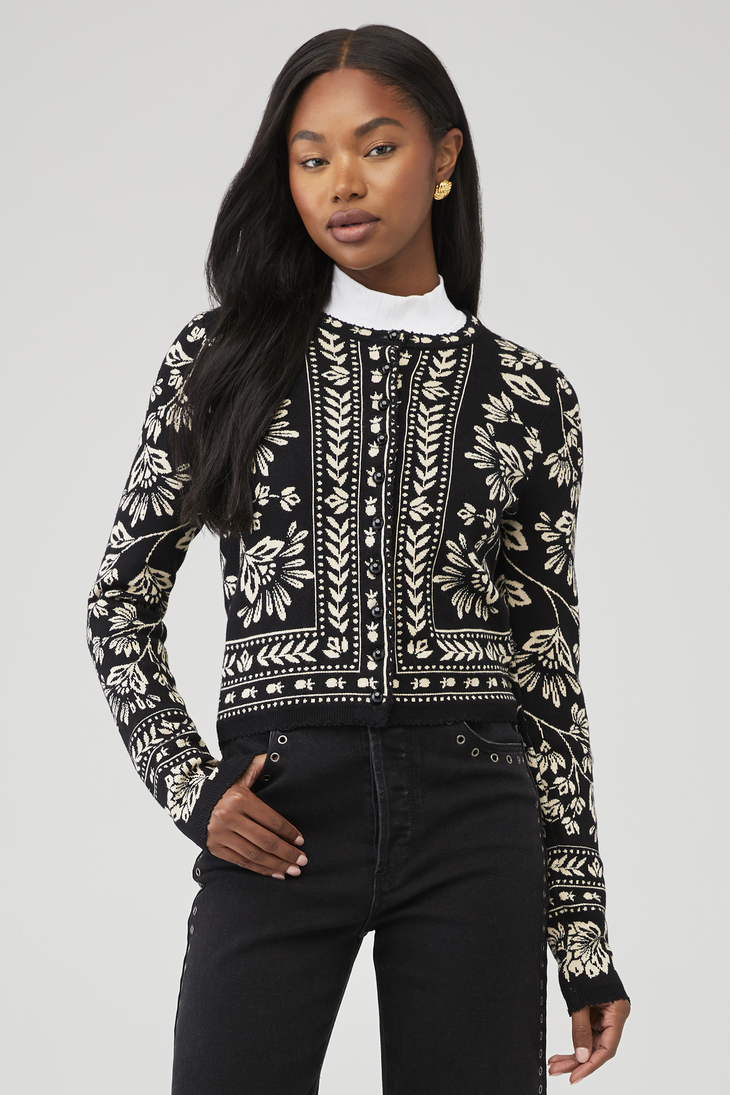 FARM RIO | Flower Bloom Knit Cardigan in Flower Bloom Black 