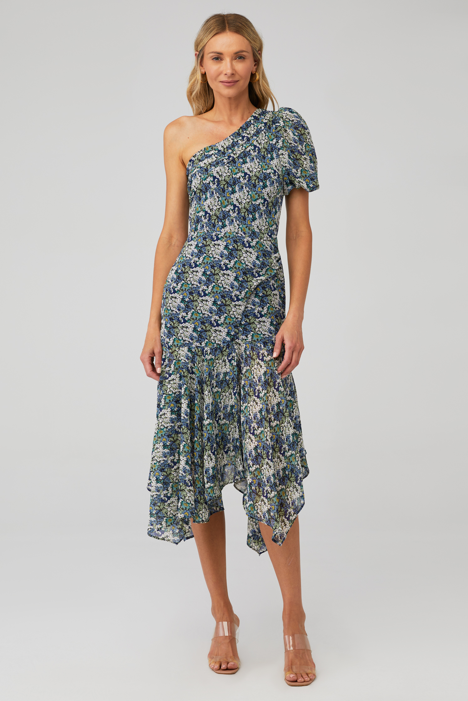astr santorini one shoulder dress ASTR the Label Santorini Dress in Pink & Black Floral